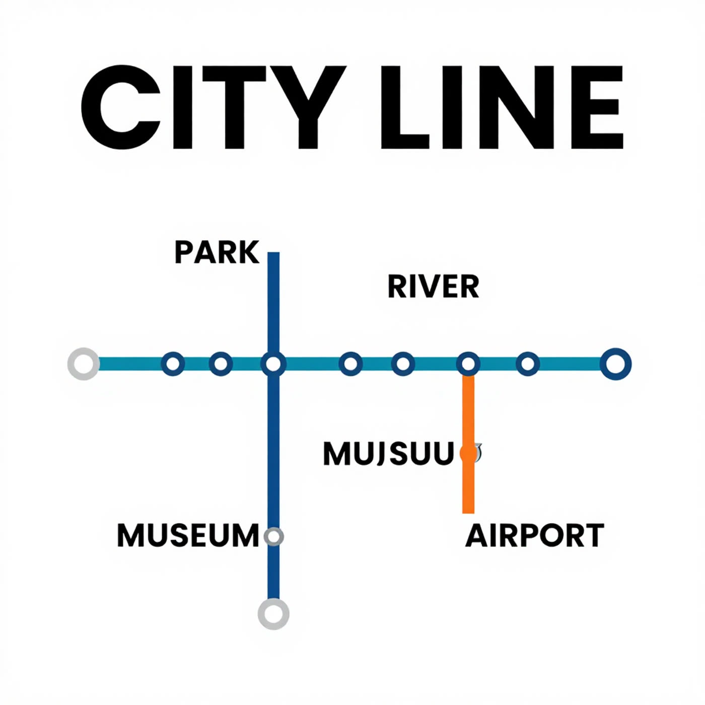 Minimal subway map titled CITY LINE with PARK RIVER MUSEUM AIRPORT and a MUJSUU label