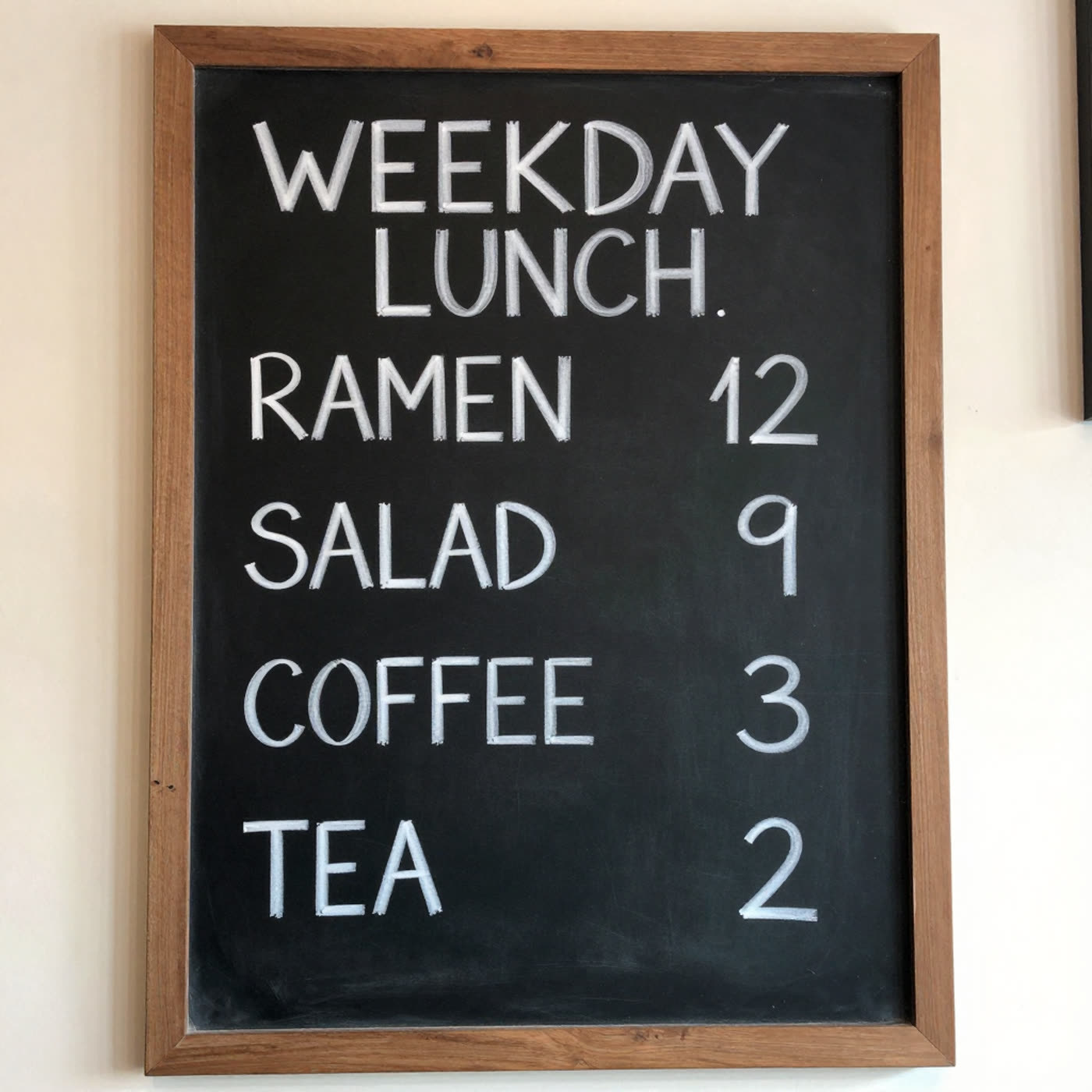 Chalkboard menu titled WEEKDAY LUNCH with RAMEN 12 SALAD 9 COFFEE 3 TEA 2