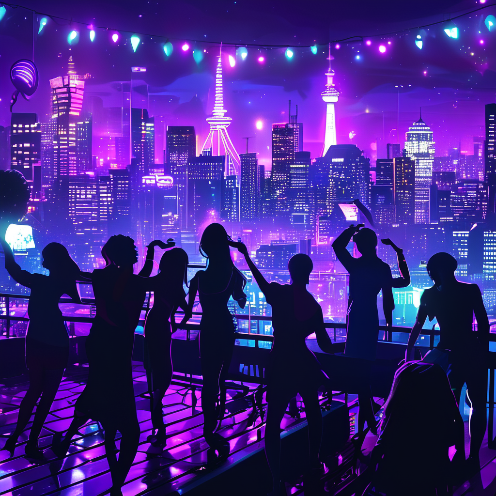 Neon rooftop party image used as input