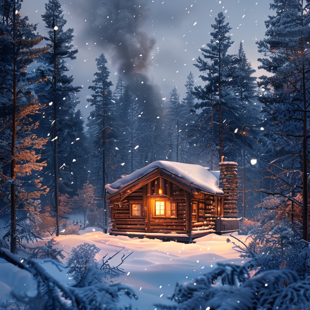 Snowy cabin image used as input
