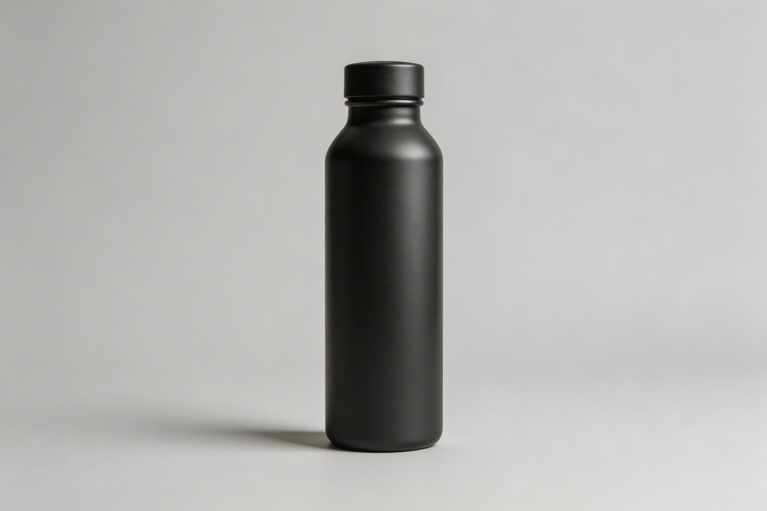 Matte black water bottle on light gray background