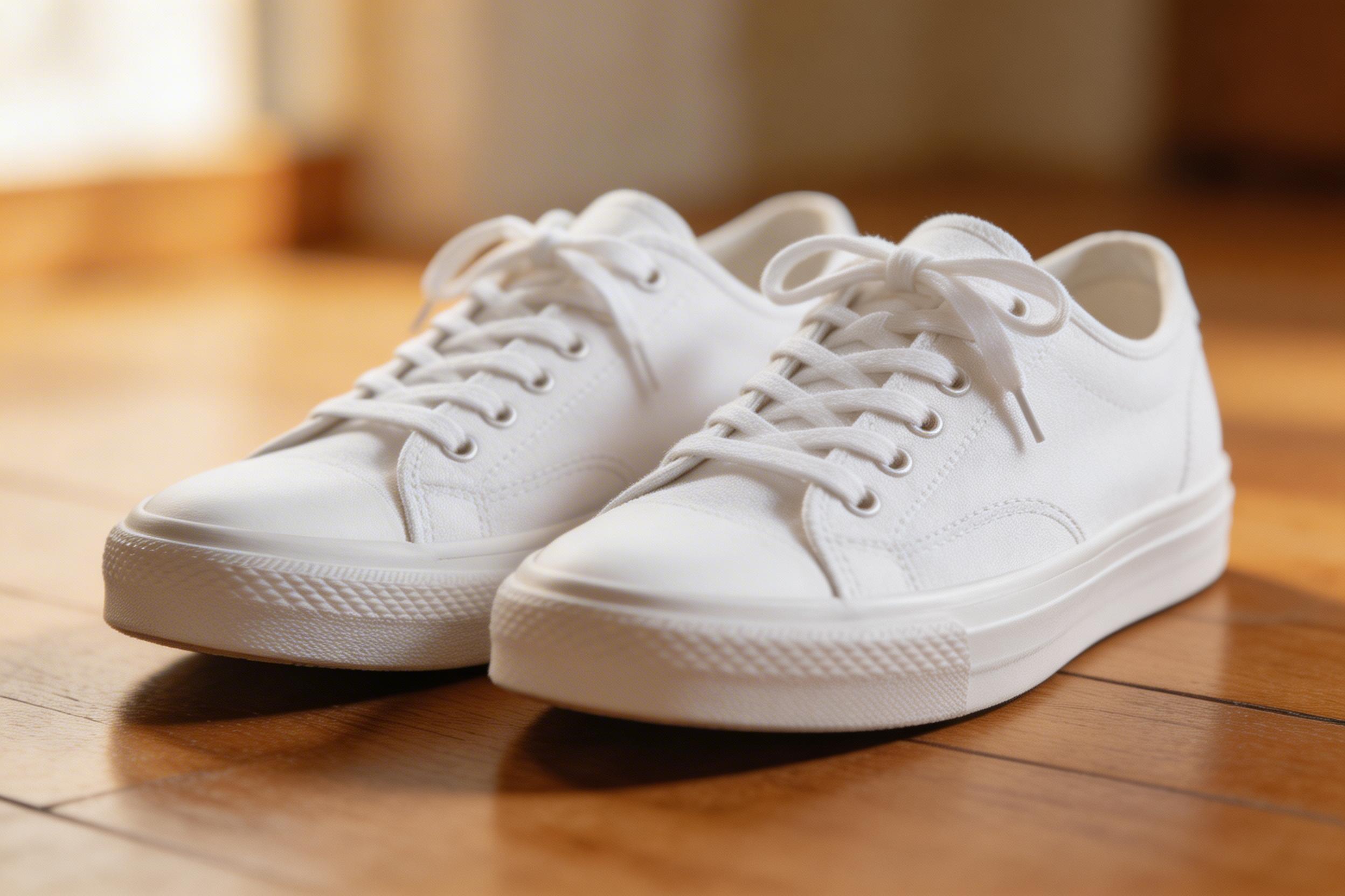 White low top sneakers on wooden floor