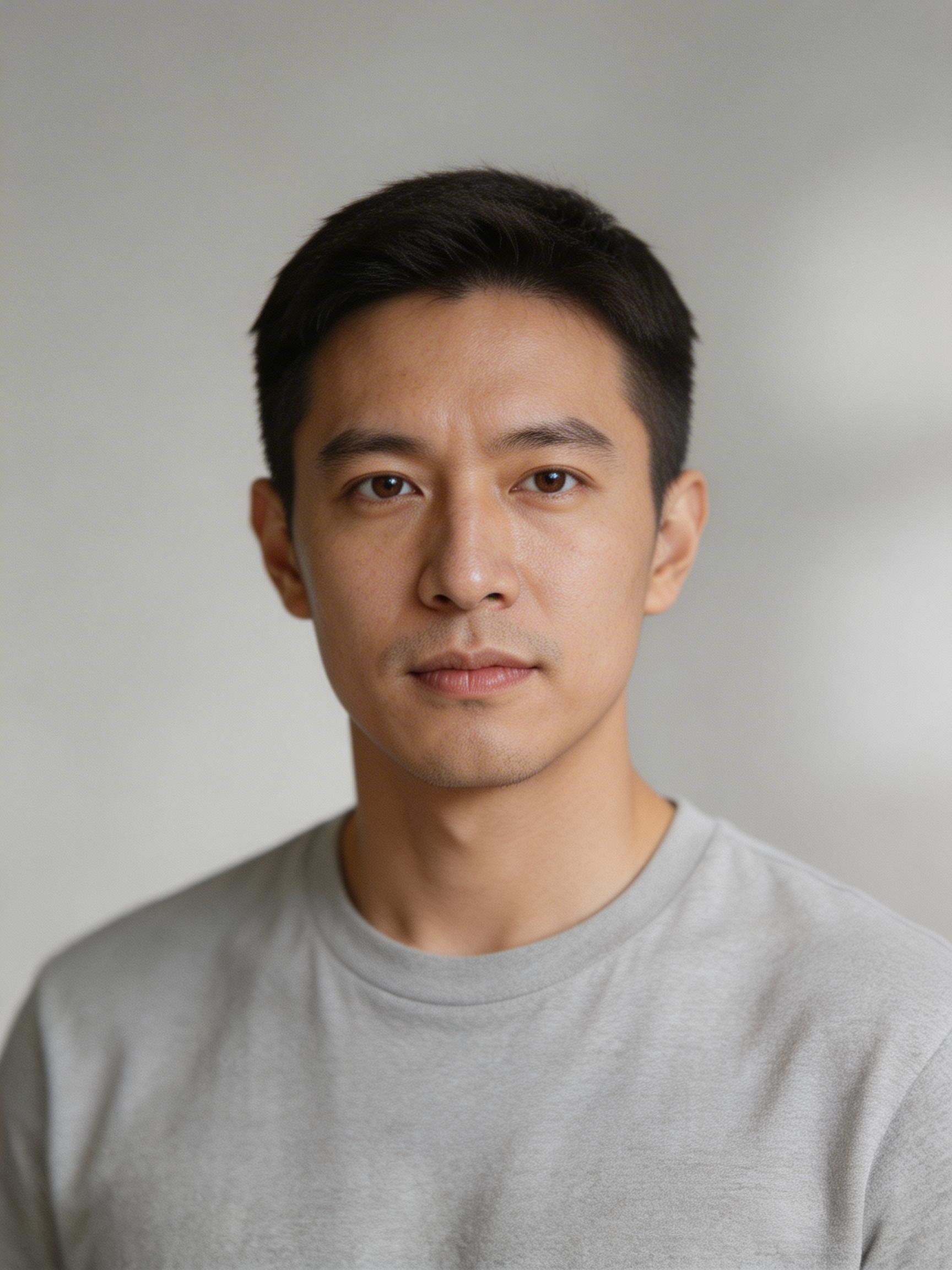 Waist up portrait wearing plain gray t shirt
