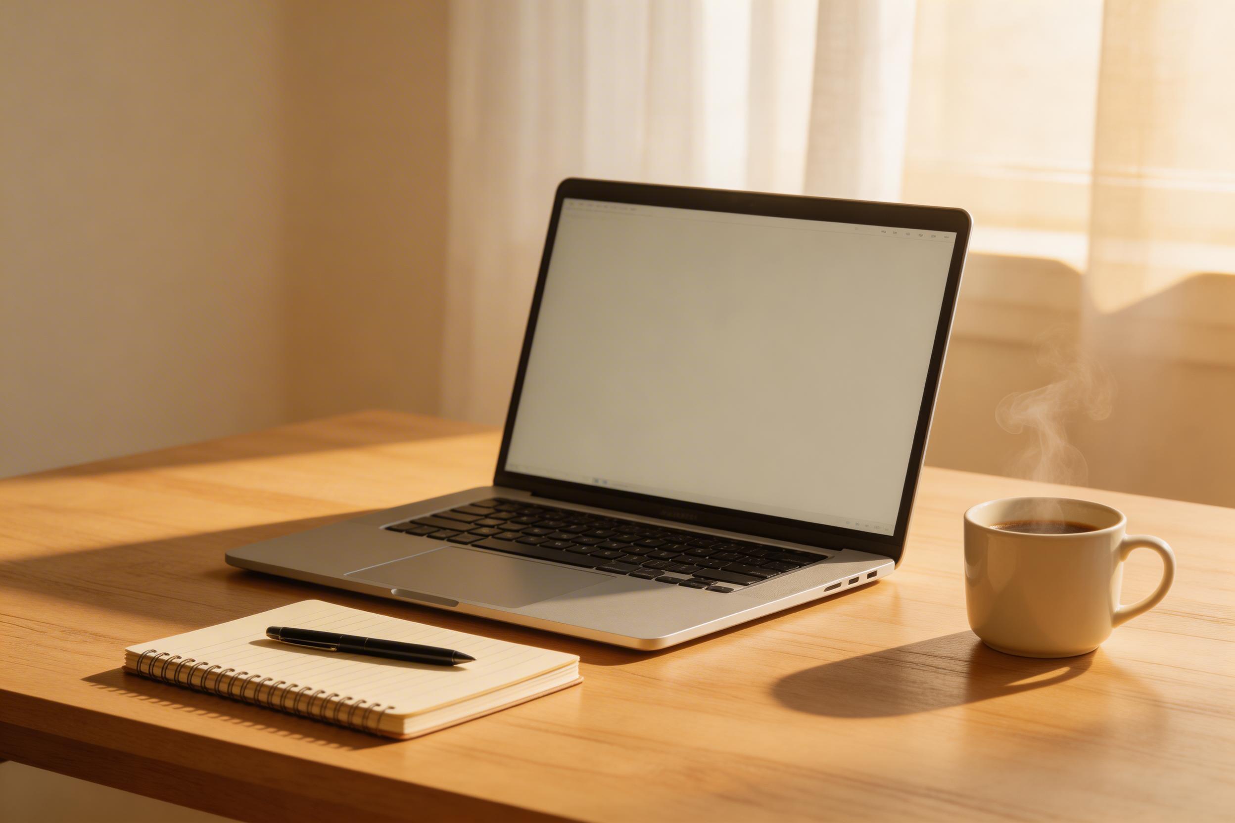 Desk scene with laptop and ceramic coffee cup