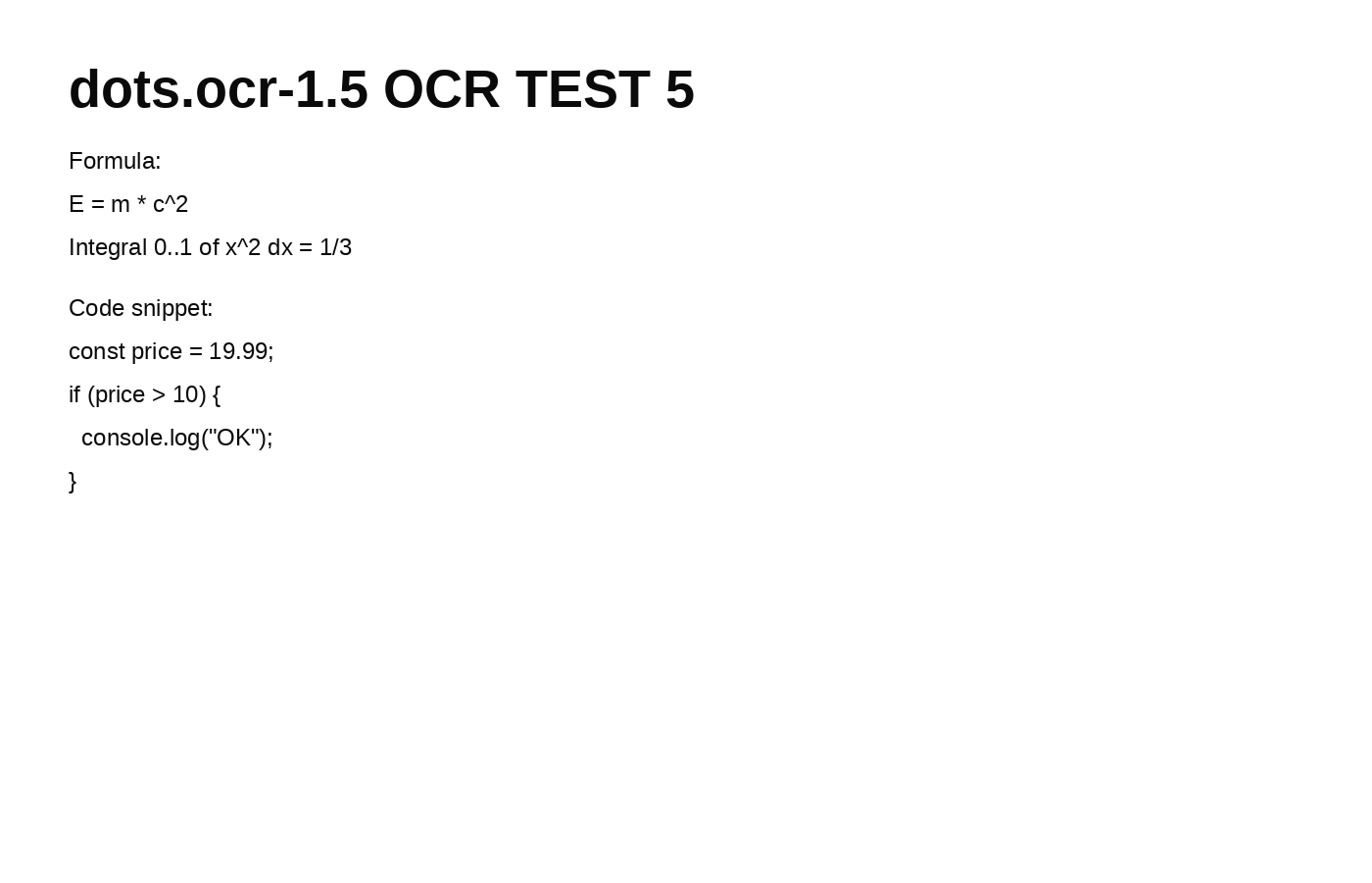 Synthetic OCR test image with a formula line and a short JavaScript snippet