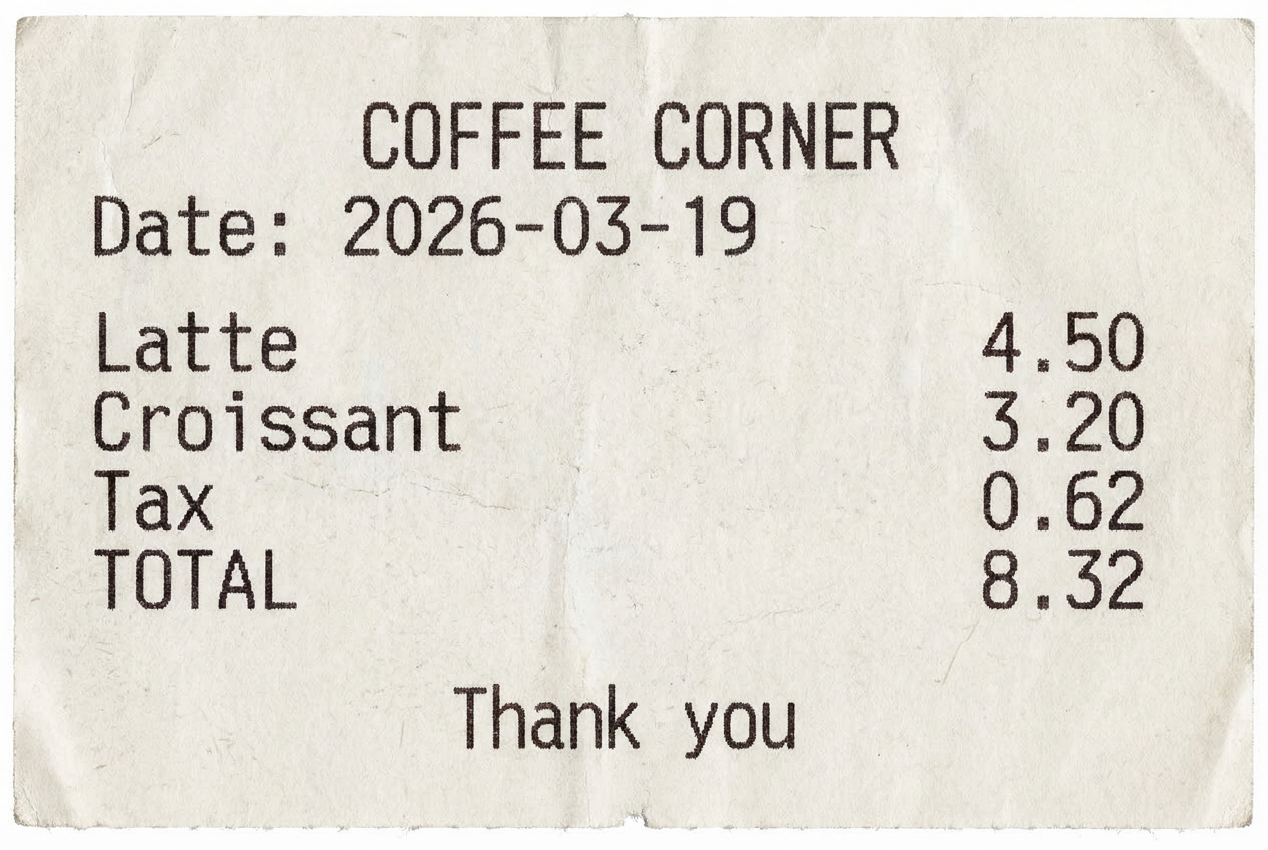 Receipt with item lines and total