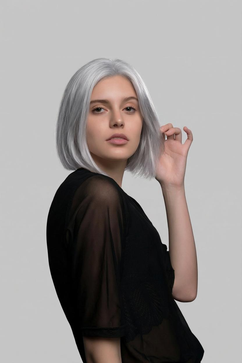 Portrait edited with silver bob haircut and gray background