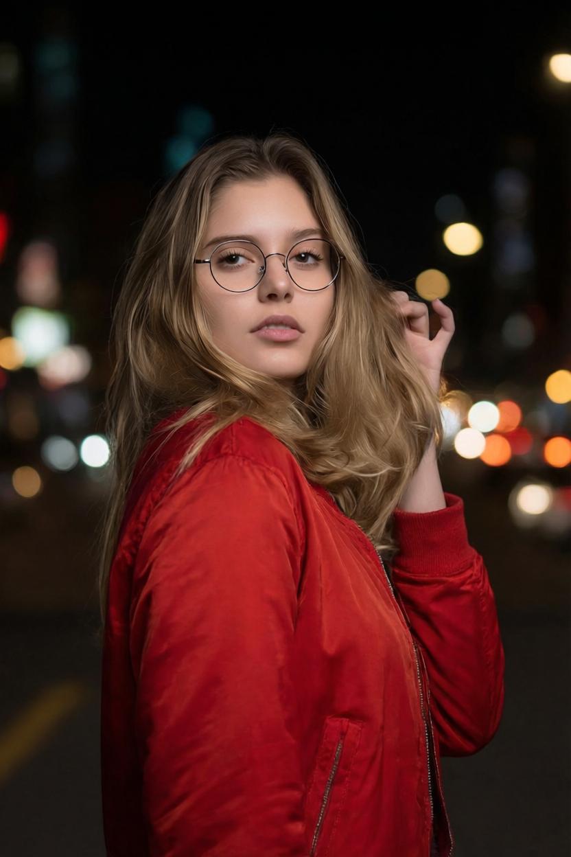 Portrait edited with round glasses and a red jacket in a night background