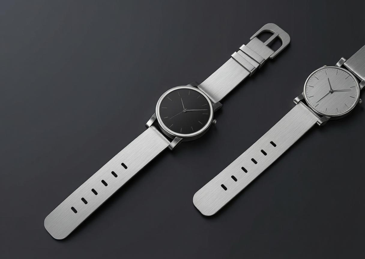 Watch edited with a brushed silver body on a dark slate background