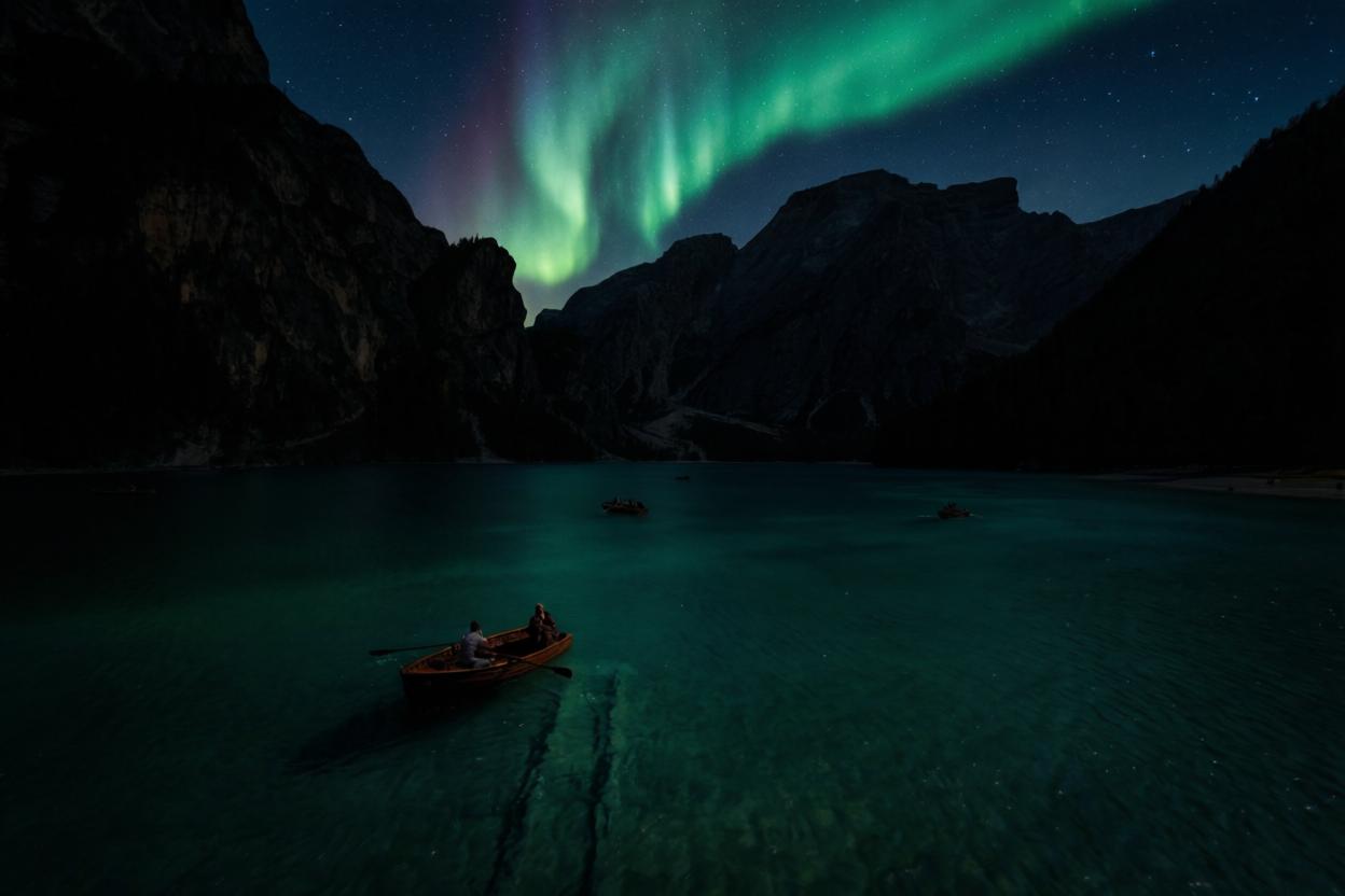 Landscape edited into a night scene with aurora and stars