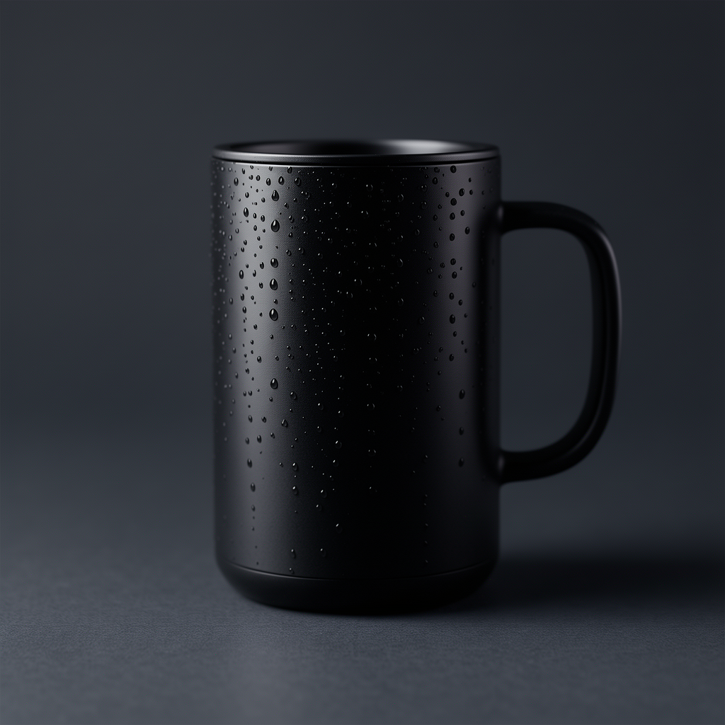 AI generated product photo of a matte black travel mug on a dark slate surface