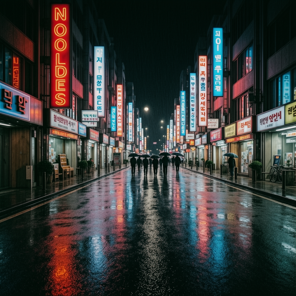 AI generated rainy night street photo with neon signage