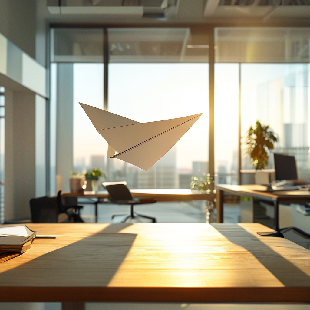 A white paper airplane flying slightly above a desk in the same bright office