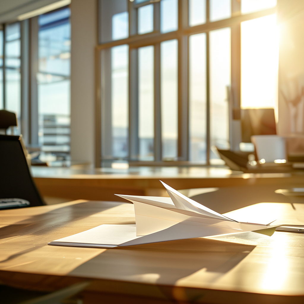 A white paper airplane resting on a wooden desk in a bright modern office
