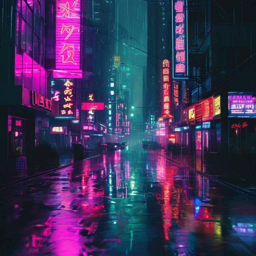 Cyberpunk rainy street with a neon WIRO sign