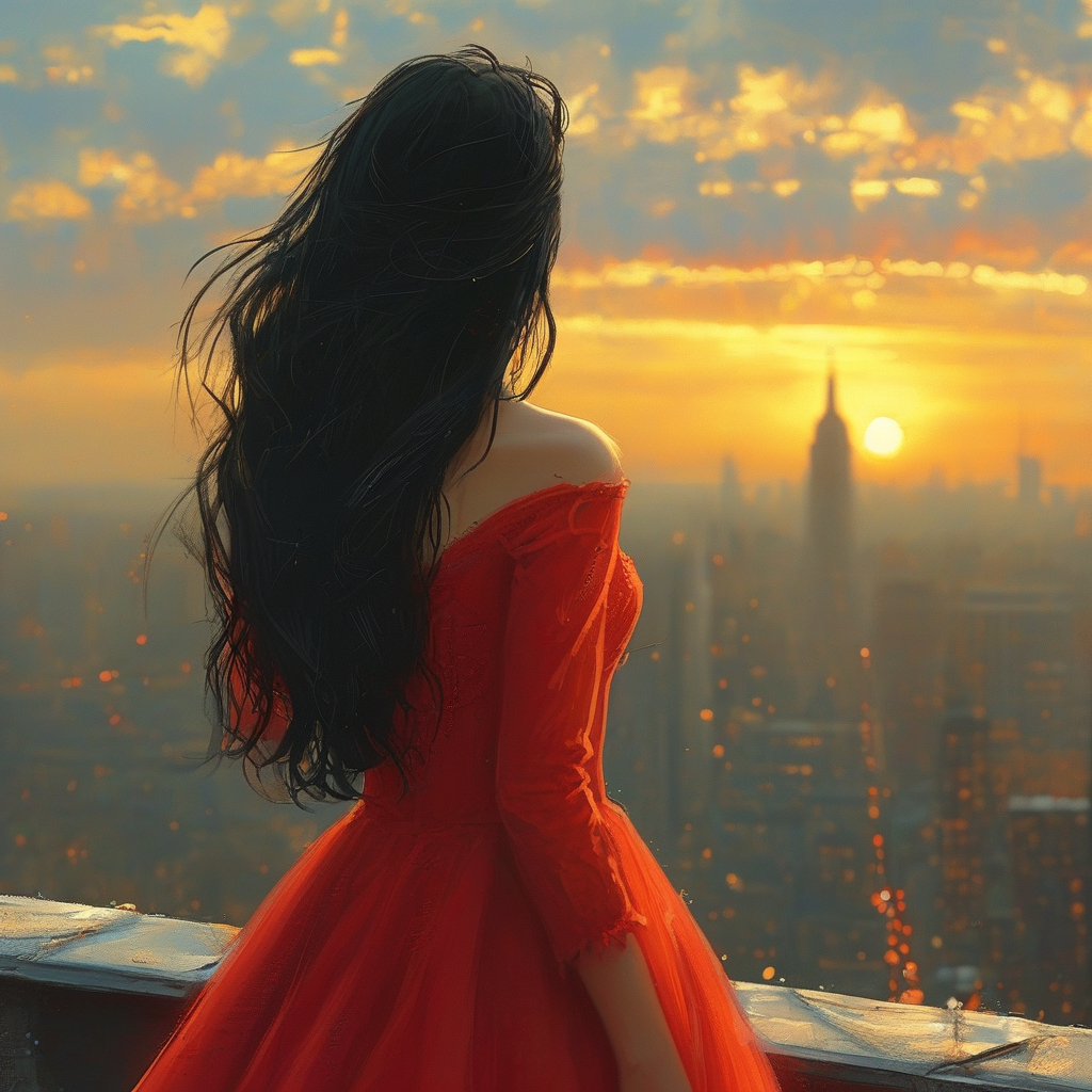 Woman in a red dress on a rooftop at sunset