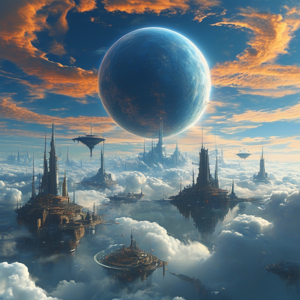 Gas giant planet with rings and floating cities