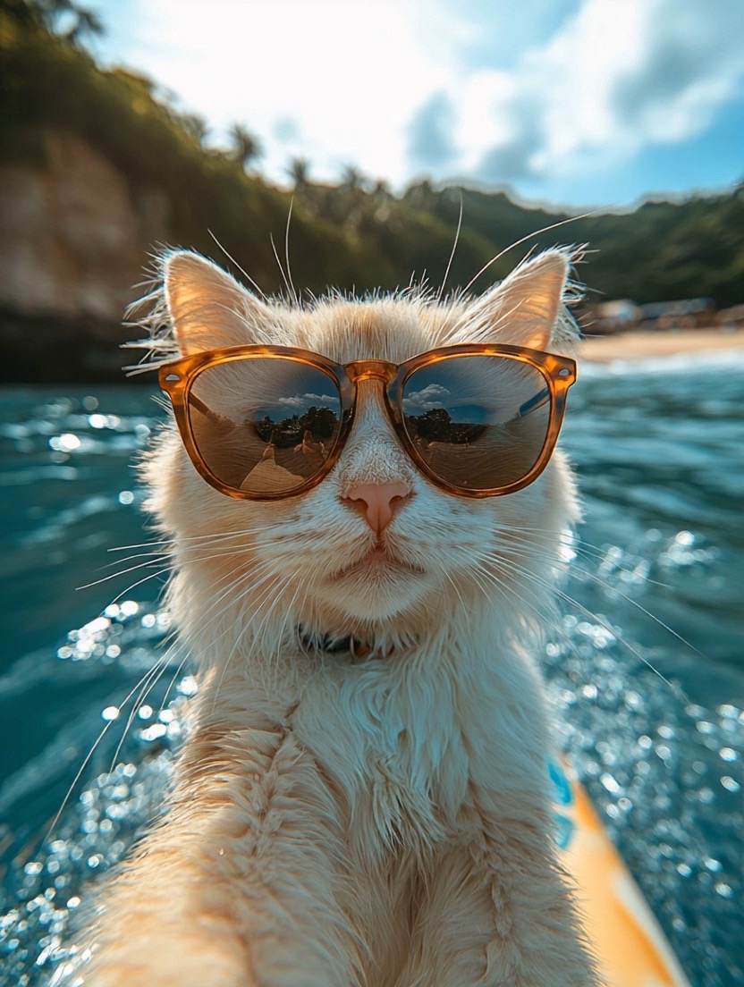 Input image of a white cat wearing sunglasses on a surfboard for Live Avatar test 4