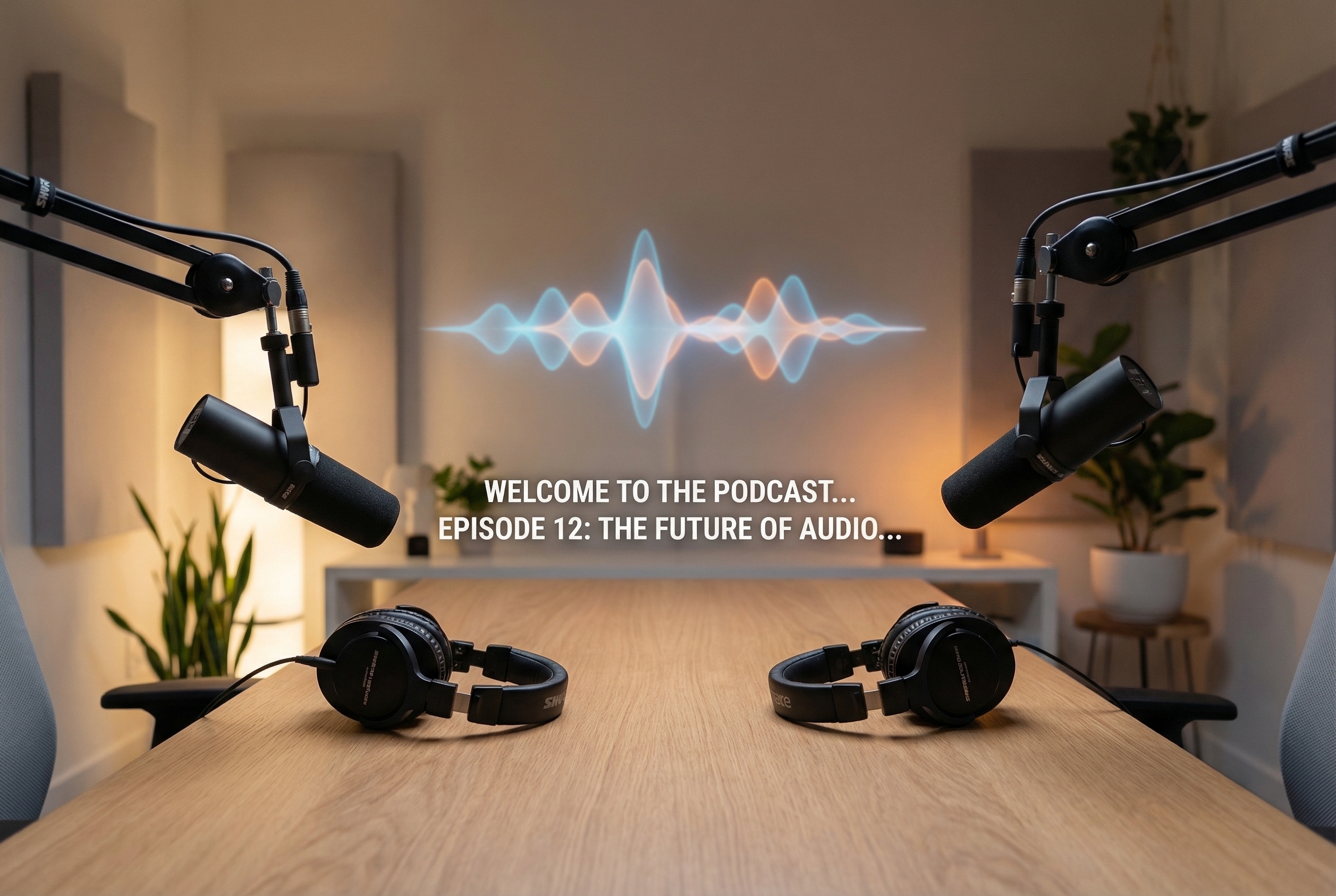 Podcast studio desk with microphones and an audio waveform