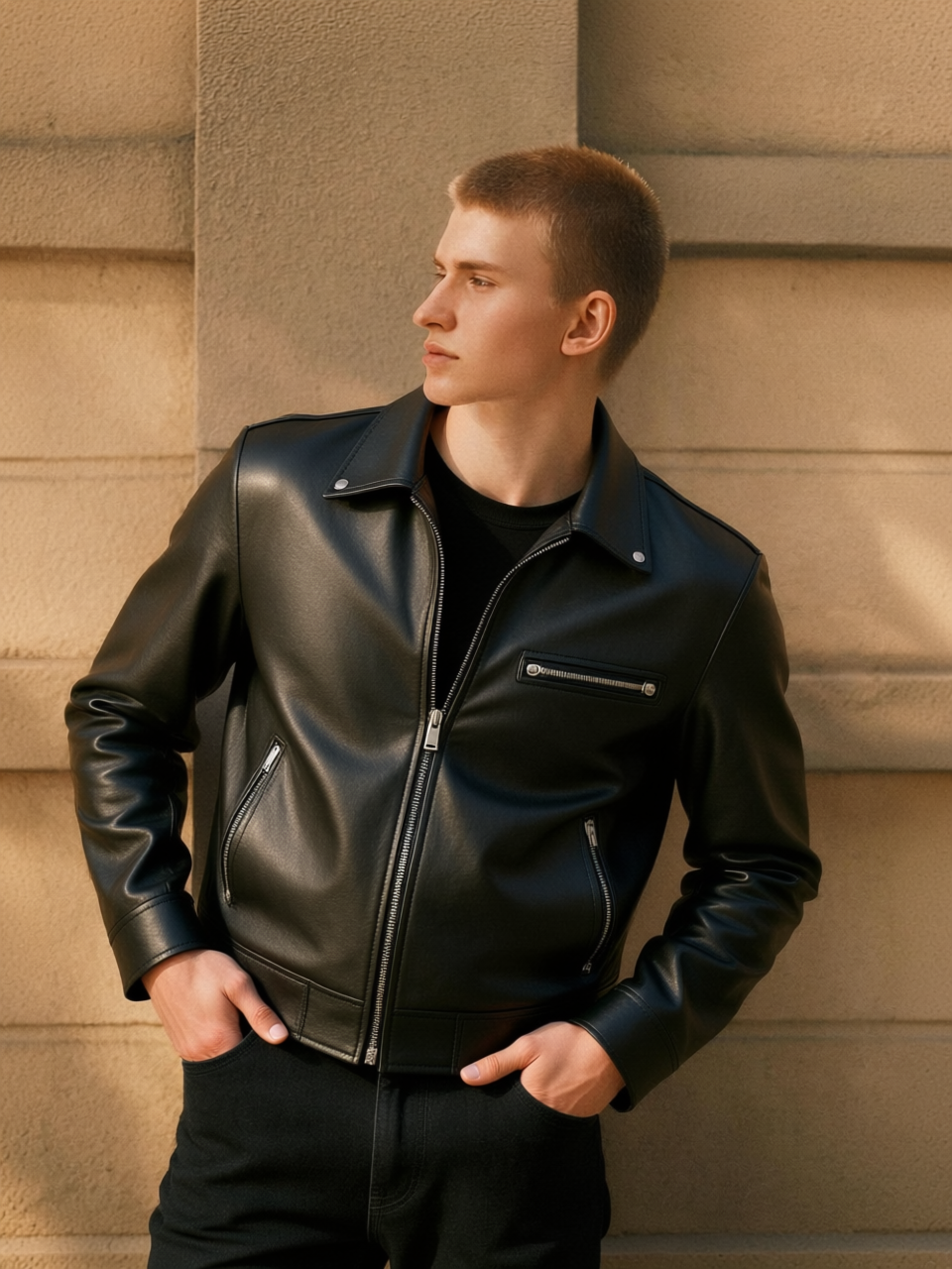 Person with black leather jacket