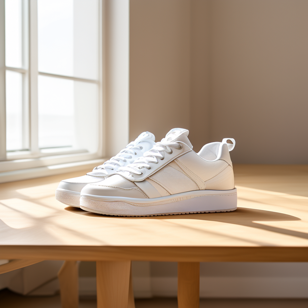 Base product photo of white sneakers on a wooden desk