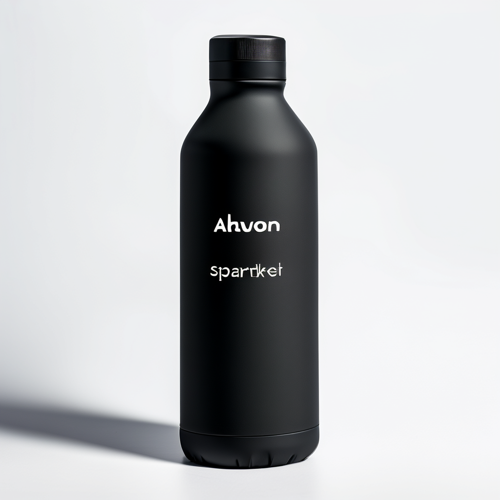Studio product photo of a matte black water bottle with a label