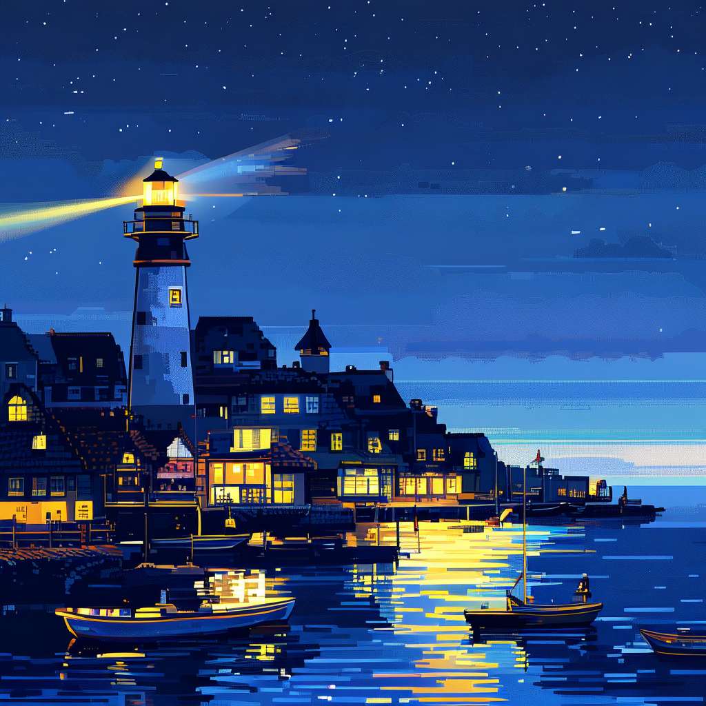 Pixel art seaside town at night with a lighthouse