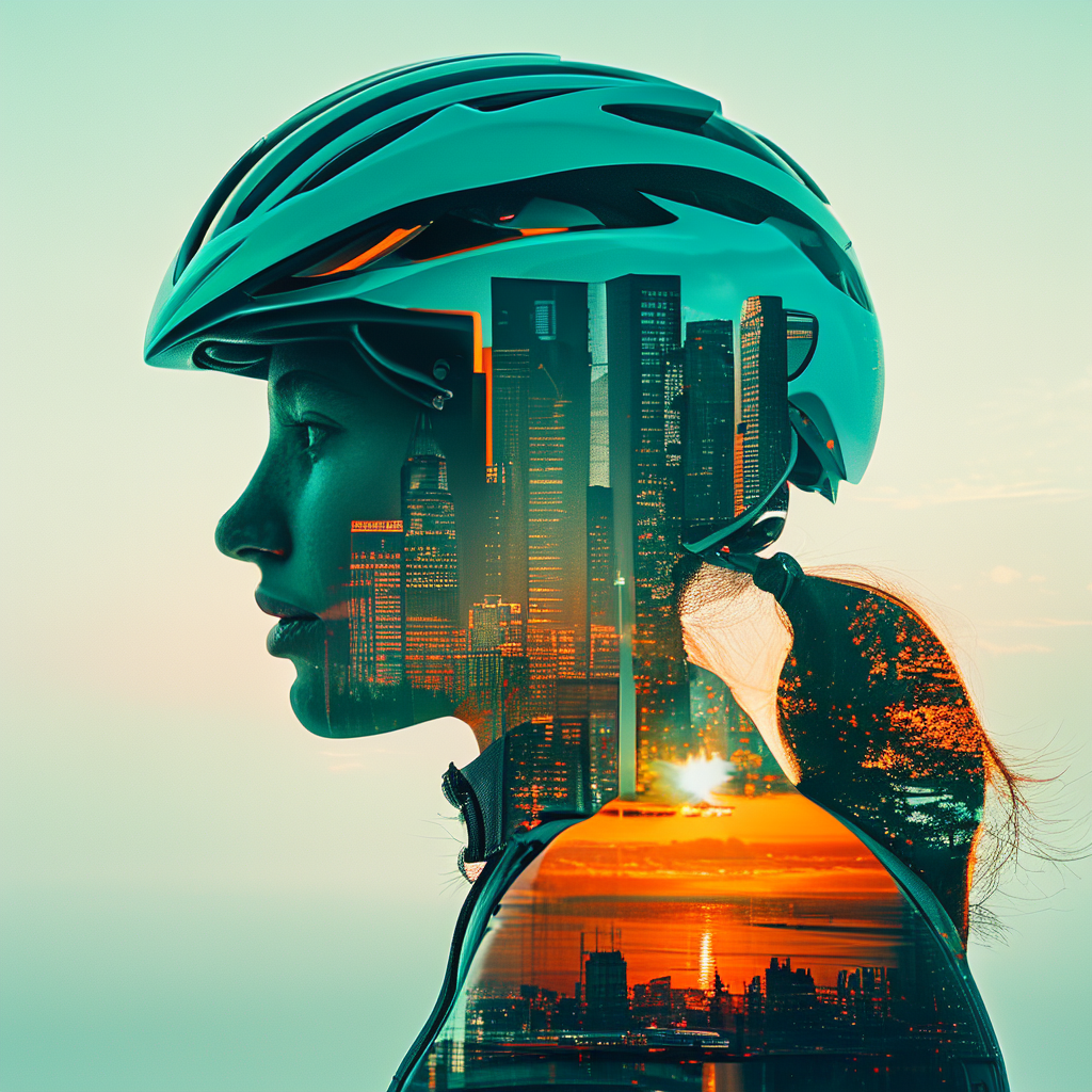 Double exposure portrait with city skyline inside silhouette