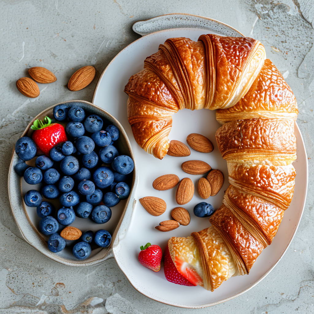 Top-down breakfast flat lay with croissant and fruit