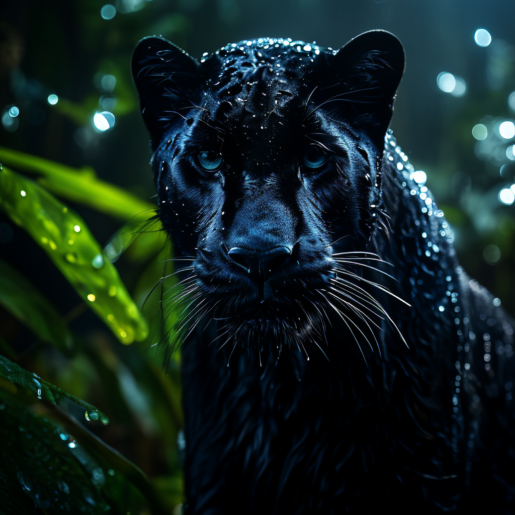 Cinematic black panther in a rainforest at night