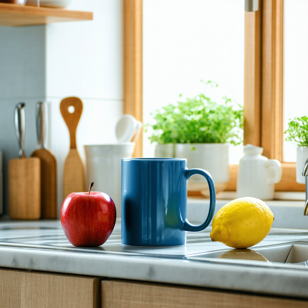 Kitchen counter with apple mug lemon