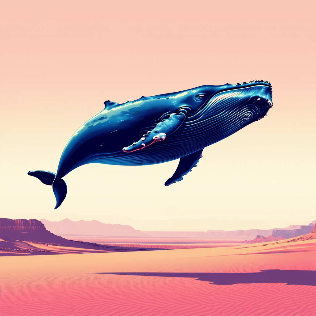 Surreal whale floating over desert