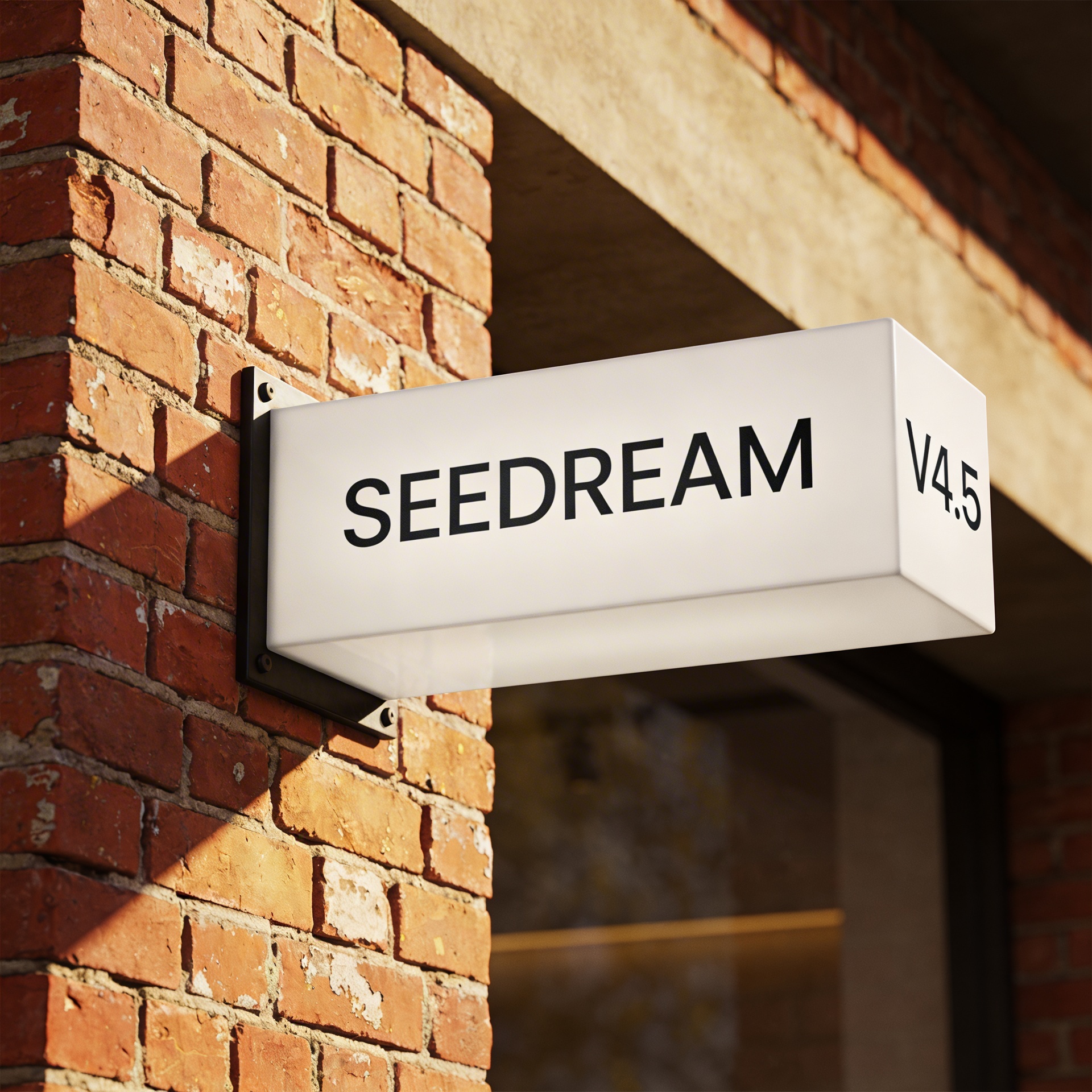Seedream v4.5 Uncensored typography test on a brick wall storefront sign
