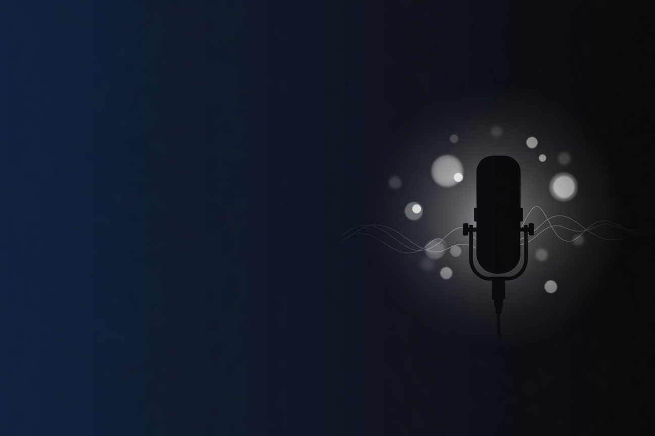Dark gradient background with a microphone silhouette and subtle waveform lines