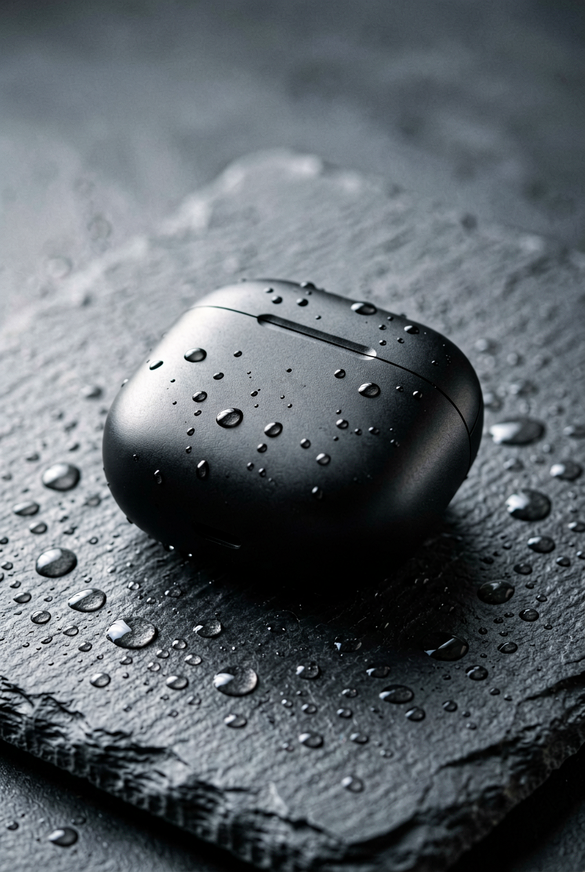 Photorealistic product photo of a matte black wireless earbud case on slate with water droplets