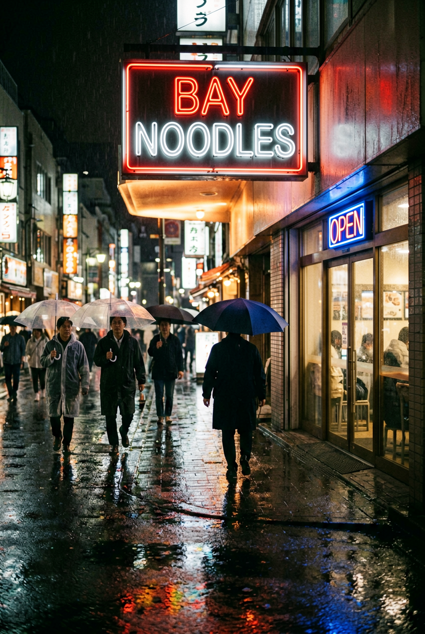 Rainy Tokyo street at night with neon sign reading BAY NOODLES
