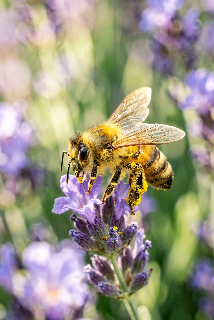Macro photo of a honey bee on a lavender flower with shallow depth of field