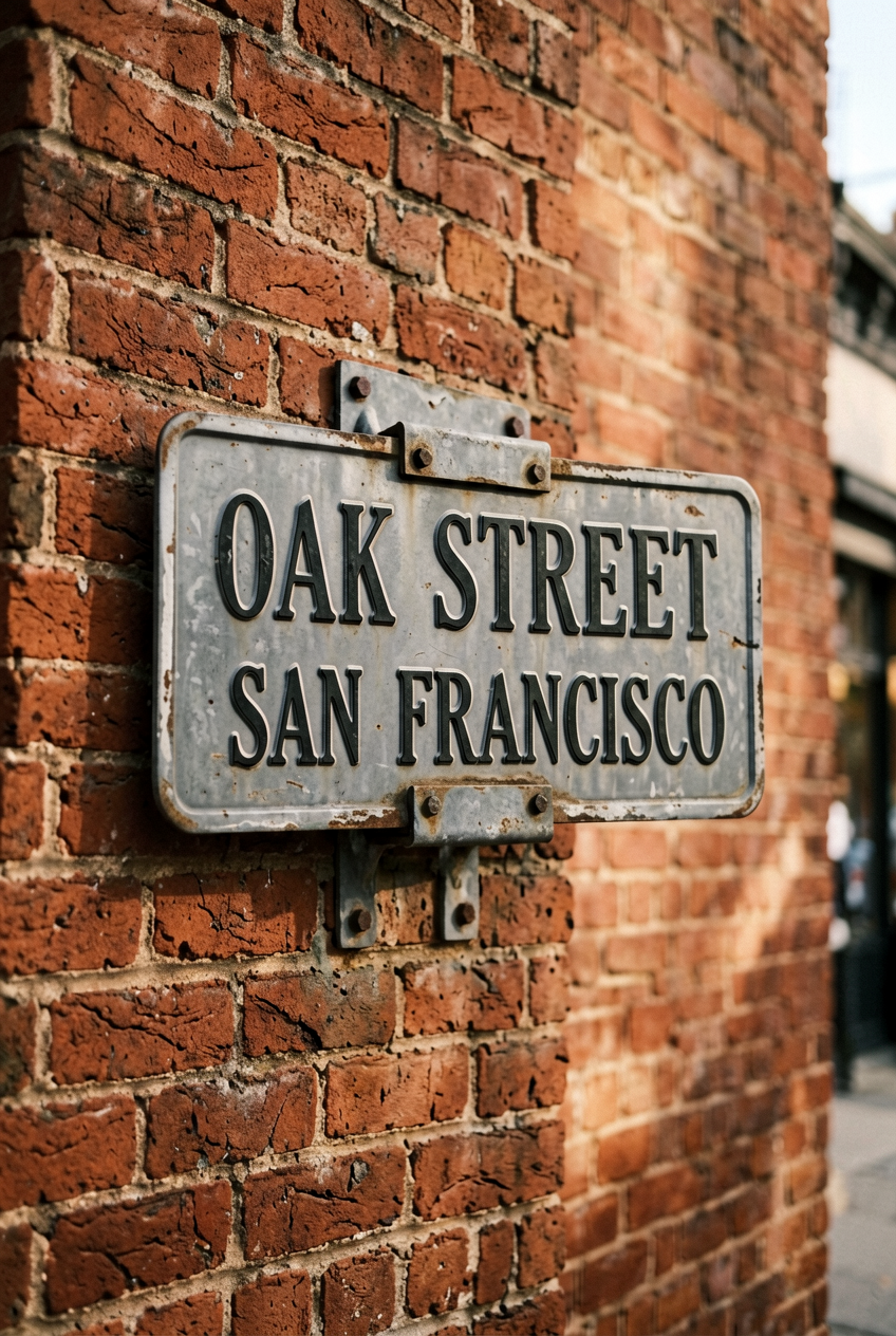 Vintage metal street sign on a brick wall reading OAK STREET SAN FRANCISCO