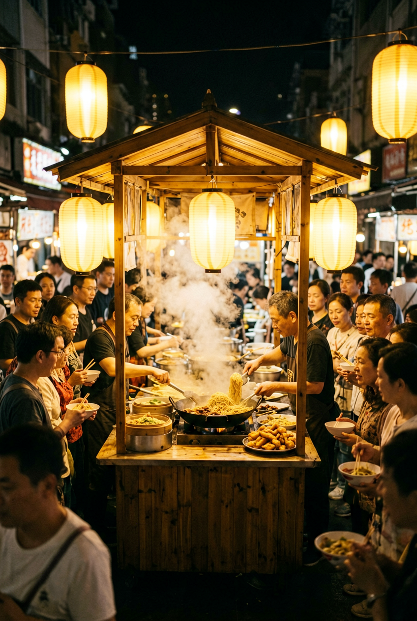 Crowded open air night market food stall with lanterns and steam
