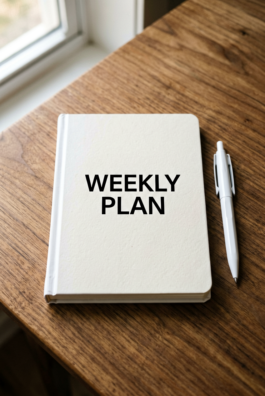Notebook on a wooden desk with the cover text WEEKLY PLAN