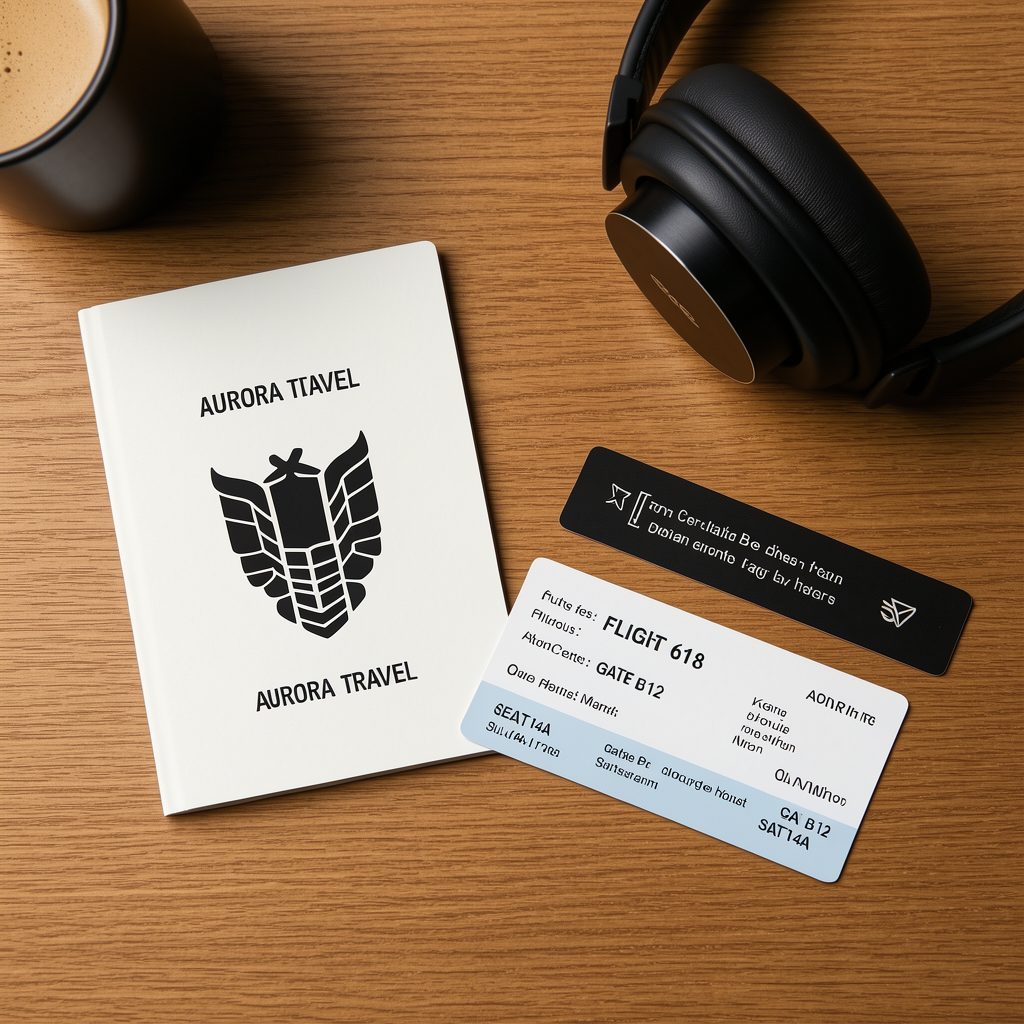 FLUX.2 Klein Base 4B output: travel flat lay with AURORA TRAVEL text error
