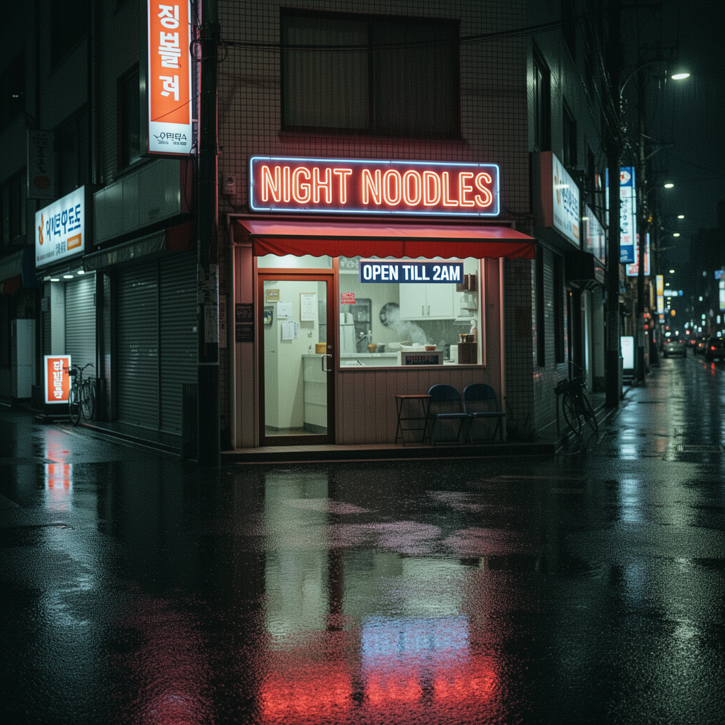 FLUX.2 Klein Base 9B output: ramen shop neon sign reading NIGHT NOODLES and OPEN TILL 2AM