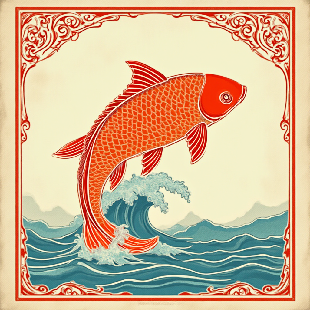 Vintage matchbox label illustration of a koi fish jumping over stylized waves with an ornate border