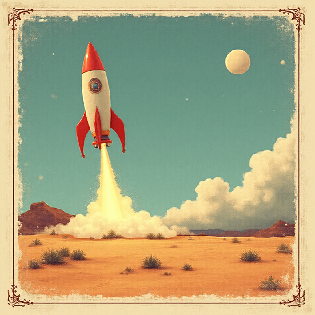 Retro matchbox label of a rocket launching with a large smoke plume and decorative border