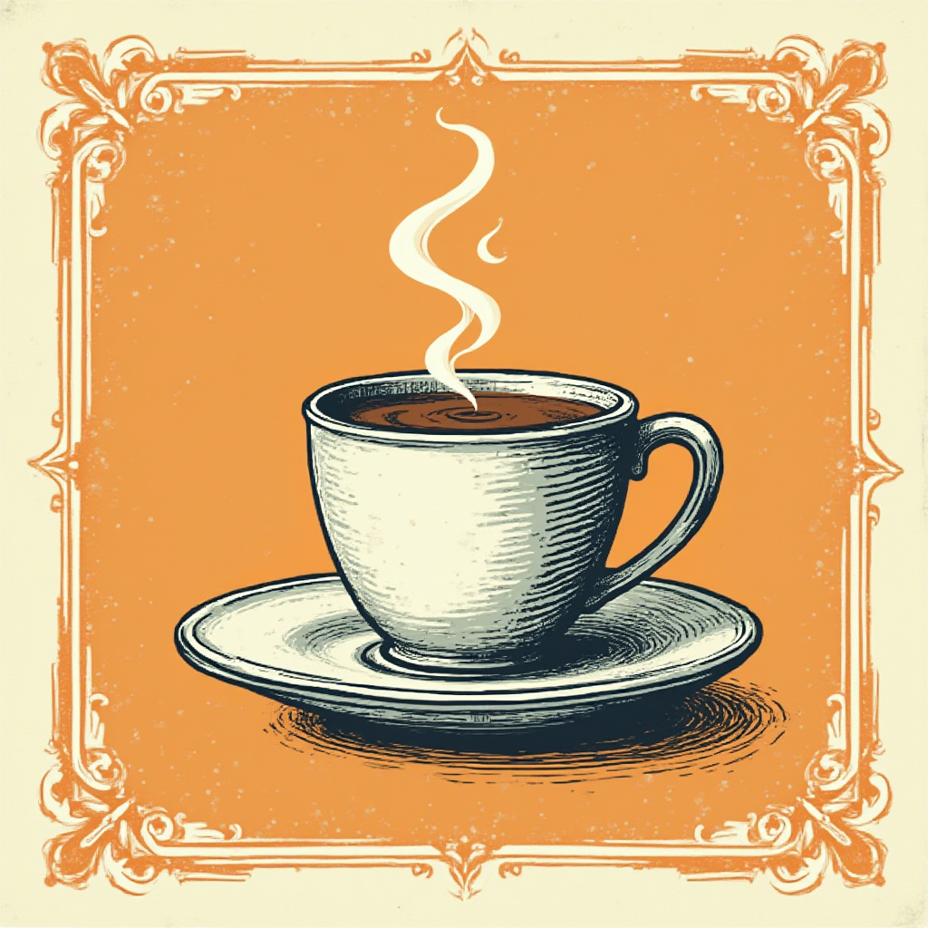 Vintage matchbox label of a steaming coffee cup on a saucer with distressed print texture