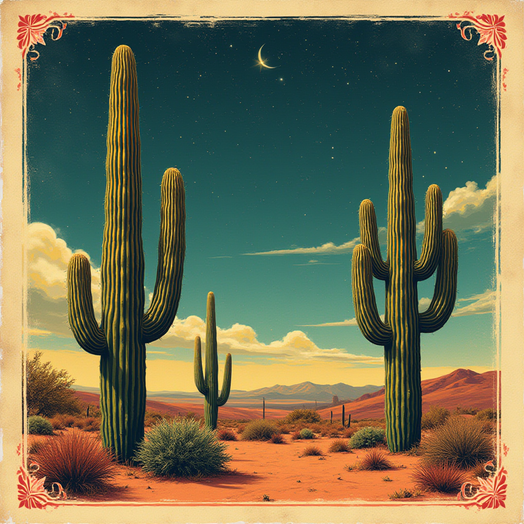 Nostalgic matchbox label of saguaro cacti under a starry night sky with a crescent moon