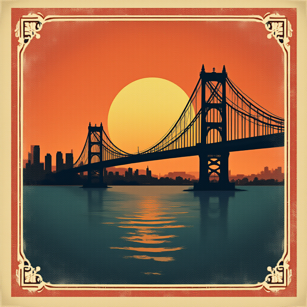 Retro matchbox label of a bridge and city skyline at sunset with bold silhouettes and distressed border