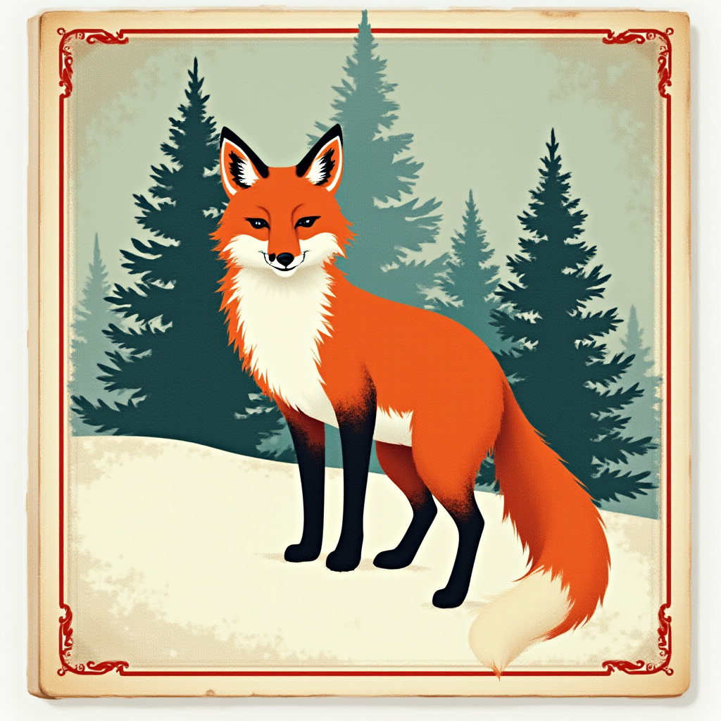 Old fashioned matchbox label of an arctic fox in snow with pine trees and a decorative border
