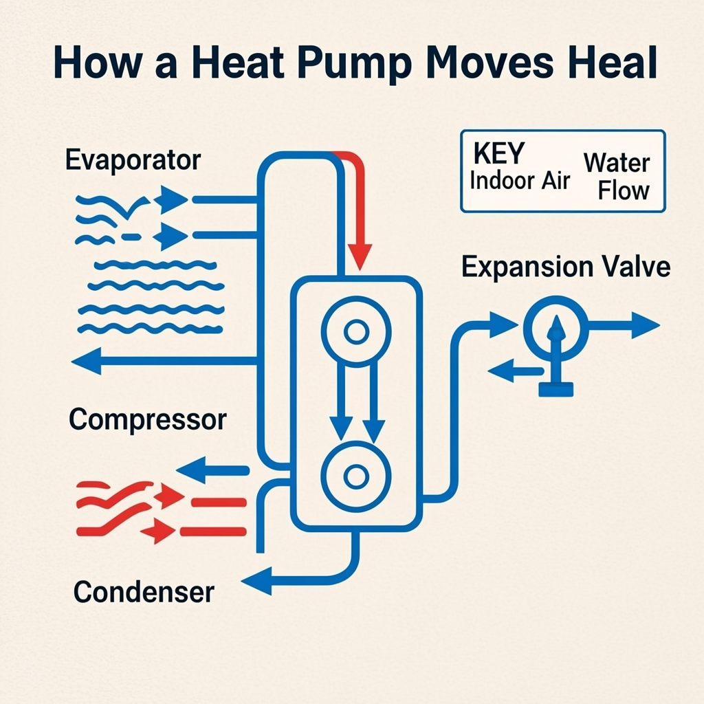 Heat pump infographic with labeled parts and arrows