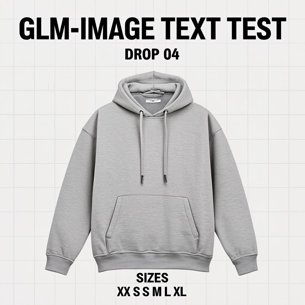 Minimal streetwear poster with a hoodie and the headline GLM-IMAGE TEXT TEST